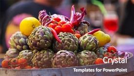  Presentation with agri market - PPT theme with crop plant purple - fresh artichokes and tomatoes background and a tawny brown colored foreground