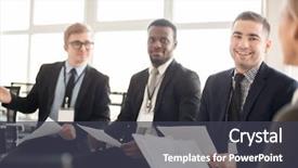  Presentation with business training - Colorful slide deck enhanced with crop woman having business training backdrop and a dark gray colored foreground