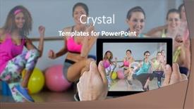  Presentation with aerobics - Presentation enhanced with cropped hand holding digital tablet against group of women performing aerobics background and a gray colored foreground
