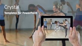  Presentation with group fitness - Audience pleasing presentation theme consisting of cropped hand holding digital tablet against group of fitness team performing stretching exercise backdrop and a gray colored foreground