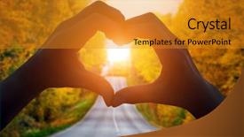  Presentation with shape heart - Audience pleasing PPT theme consisting of cropped hand making heart shape and a road backdrop and a gold colored foreground