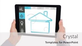  Presentation with information - Theme having cropped hand of man holding digital tablet against screen with information about home background and a white colored foreground