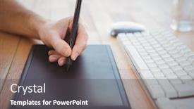  Presentation with graphics - Presentation design featuring cropped hand of man using graphics tablet at desk in office background and a dark gray colored foreground