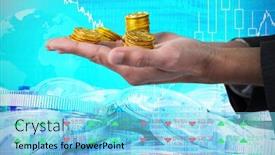 Presentation with bitcoins - Presentation theme with cropped hands businessman holding gold coins against bitcoins background and a light blue colored foreground