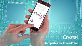  Presentation with printed circuit board - Colorful presentation enhanced with cropped hands holding mobile phone backdrop and a teal colored foreground