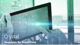  Presentation with shares - Slide deck featuring cropped hands of executive using digital tablet against stocks and shares background and a teal colored foreground