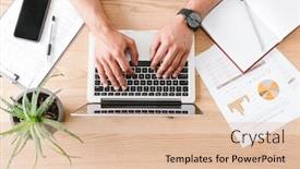  Presentation with office room - Colorful presentation design enhanced with cropped image from above of caucasian businessman sitting at table and typing on laptop while working in bright office room backdrop and a lemonade colored foreground