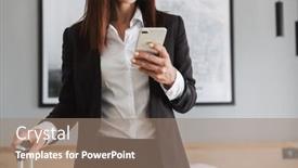  Presentation with formal - Slide set consisting of cropped image of a beautiful young business woman in formal wear clothes indoors at home with suitcase using mobile phone background and a coral colored foreground