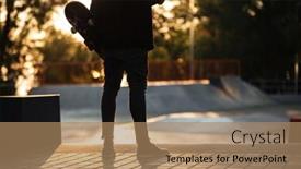  Presentation with man holding phone - Audience pleasing presentation theme consisting of cropped image of a man holding mobile phone and a skateboard outdoors backdrop and a coral colored foreground