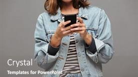  Presentation with teenage girl - Presentation theme with cropped image of a serious young teenage girl dressed in denim jacket texting on mobile phone isolated over gray background background and a gray colored foreground