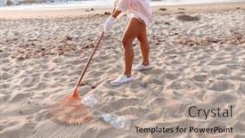  Presentation with garbage - Amazing PPT layouts having cropped image of a young woman volunteer cleaning beach from plastic garbage backdrop and a coral colored foreground