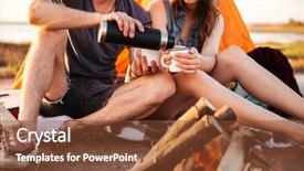  Presentation with bonfire - Presentation design featuring cropped image of a young couple drinking tea at the bonfire while camping background and a tawny brown colored foreground