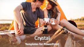  Presentation with bonfire - Presentation design having cropped image of a young couple drinking tea at the bonfire while camping background and a tawny brown colored foreground