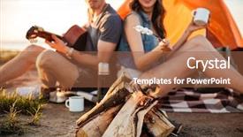  Presentation with bonfire - Cool new presentation theme with cropped image of a young couple in love frying marshmallow on bonfire while camping backdrop and a tawny brown colored foreground