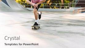  Presentation with sporty - Cool new presentation design with cropped image of athletic sporty man in streetwear riding skateboard at summer skate park backdrop and a sky blue colored foreground