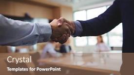  Presentation with board meeting - Slide deck enhanced with cropped image of business people shaking hands during meeting in board room background and a violet colored foreground