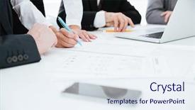  Presentation with team - Cool new PPT theme with cropped image of business team backdrop and a  colored foreground