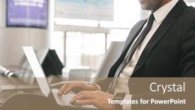  Presentation with lobby - Beautiful slide set featuring cropped image of businessman dressed in suit using laptop computer while sitting at the airport lobby backdrop and a coral colored foreground