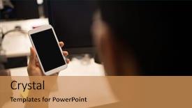  Presentation with mobile assessment - Presentation theme consisting of cropped image of businessman holding background and a coral colored foreground