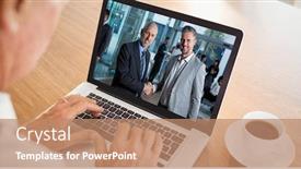  Presentation with video conferencing - Colorful presentation theme enhanced with cropped image of businessman video conferencing with colleagues on laptop backdrop and a coral colored foreground