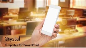  Presentation with smart light - Amazing slide deck having cropped image of businesswoman holding smart phone against orange abstract light spot design 3d backdrop and a coral colored foreground