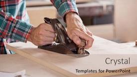  Presentation with carpenter - Beautiful presentation theme featuring cropped image of carpenter's hand using plane on wood at workshop backdrop and a coral colored foreground