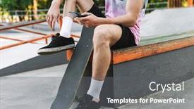  Presentation with school safety skate in summer - Amazing presentation design having cropped image of caucasian handsome man in streetwear sitting with skateboard and typing on cellphone at summer skate park backdrop and a gray colored foreground