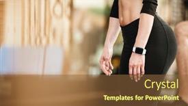  Presentation with standing strong - Amazing PPT theme having cropped image of caucasian sports strong woman standing in a gym backdrop and a tawny brown colored foreground