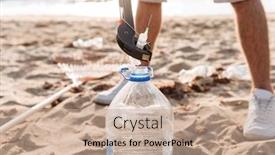  Presentation with seashore - Slide deck enhanced with cropped image of eco volunteer cleaning beach from syringe at seashore background and a coral colored foreground