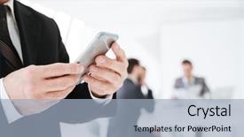  Presentation with man holding phone - Slide deck having cropped image of elderly business background and a  colored foreground