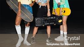  Presentation with girls night - Beautiful PPT layouts featuring cropped image of fashion girls walking with skateboards and boombox player at night outdoors backdrop and a gray colored foreground