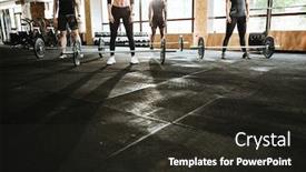  Presentation with barbell - Audience pleasing PPT layouts consisting of cropped image of group of multiethnic sports strong people make sport exercise with barbell backdrop and a dark gray colored foreground
