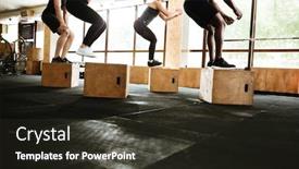  Presentation with exercise sport - Audience pleasing presentation design consisting of cropped image of group of multiethnic sports strong people make sport exercise jumping backdrop and a tawny brown colored foreground