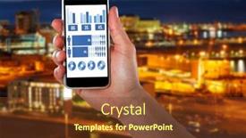  Presentation with smart city - Amazing PPT theme having cropped image of hand holding smart phone against illuminated buildings in city backdrop and a tawny brown colored foreground