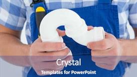  Presentation with pipe - PPT theme consisting of cropped image of male plumber holding sink pipe on white background background and a ocean colored foreground