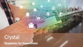  Presentation with computer-room - Colorful PPT theme enhanced with cropped image of man using smartphone against empty computer room 3d backdrop and a coral colored foreground