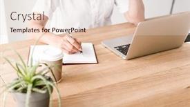  Presentation with writing notes - Slide deck consisting of cropped image of mature woman sitting indoors in office working with laptop computer writing notes background and a lemonade colored foreground