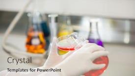 Presentation with petri dish - Presentation theme featuring cropped image of scientist pouring red liquid into petri dish in lab background and a soft green colored foreground