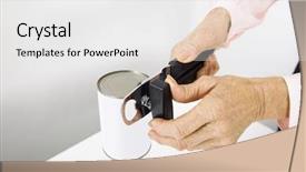  Presentation with canned food - Slides consisting of cropped image of senior businesswoman opening canned food at office background and a white colored foreground