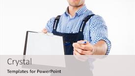  Presentation with white sheet - Colorful slide deck enhanced with cropped image of smiling hadsome builder giving blank sheet of paper on clipboard isolated on a white background backdrop and a light gray colored foreground