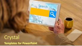  Presentation with search - Colorful slide deck enhanced with cropped image of woman holding digital tablet with search text at table backdrop and a tawny brown colored foreground