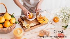  Presentation with citrus - Presentation theme having cropped image of woman standing indoors and rub a citrus crust background and a lemonade colored foreground