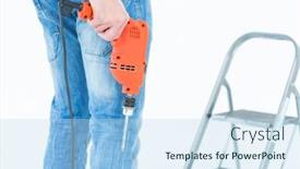 Presentation with step - Beautiful PPT theme featuring cropped image of worker holding drill in front of step ladder over white background backdrop and a sky blue colored foreground