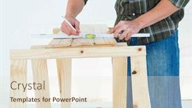  Presentation with spirit - PPT theme having cropped image of worker using spirit level to mark on wooden plank against white background background and a lemonade colored foreground