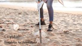  Presentation with eco plastic - Colorful PPT theme enhanced with cropped image of young female eco volunteer cleaning beach from plastic trash on sand at seashore backdrop and a coral colored foreground
