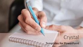  Presentation with coworking - PPT layouts consisting of cropped image of young man dressed in white shirt writing notes in notebook coworking background and a coral colored foreground