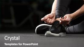  Presentation with strong - Slide set featuring cropped image of young strong fitness lady sitting and tie laces in gym background and a gray colored foreground