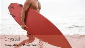  Presentation with strong - Slide deck featuring cropped photo of a serious strong handsome man surfer with surfing on a beach outside background and a red colored foreground