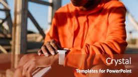  Presentation with smartwatch - Theme enhanced with cropped photo of african american woman in sportswear using smartwatch and holding cellphone while sitting on old bridge background and a tawny brown colored foreground