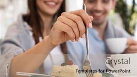  Presentation with eat - Cool new presentation theme with cropped photo of amazing young loving couple sitting in cafe eat desserts and drinking tea backdrop and a coral colored foreground